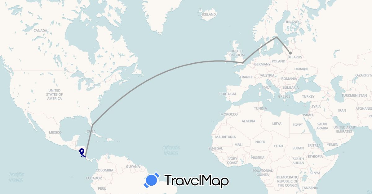 TravelMap itinerary: driving, plane in Costa Rica, United Kingdom, Lithuania, Nicaragua, Sweden, United States (Europe, North America)